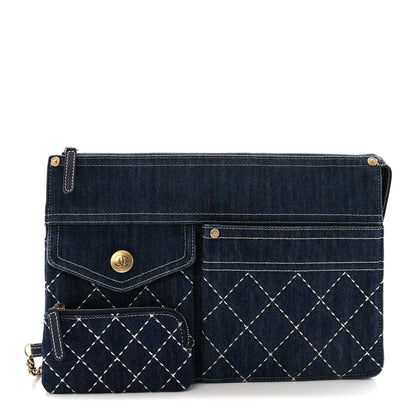 Denim Quilted Zipped Clutch Blue