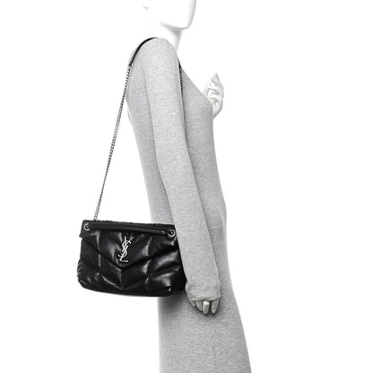 Lambskin Quilted Small Loulou Puffer Monogram Chain Satchel Black