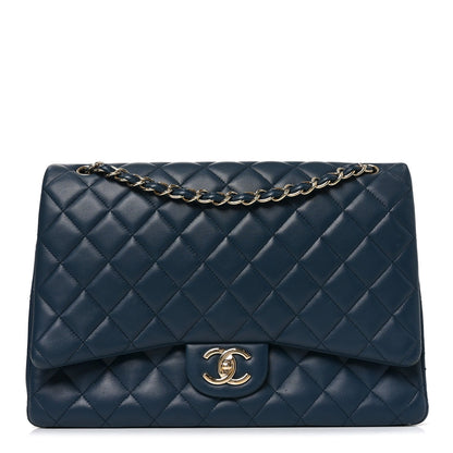 Lambskin Quilted Maxi Double Flap Blue