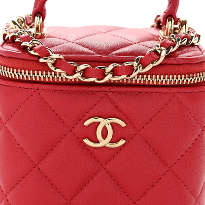 Lambskin Quilted Mini Top Handle Vanity Case With Chain Red