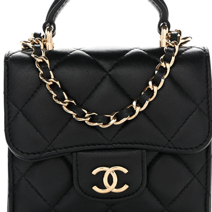Lambskin Quilted Top Handle Flap Clutch With Chain Black