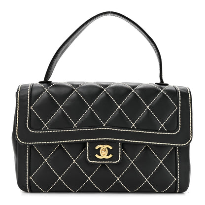 Calfskin Quilted Wild Stitch Large Top Handle Flap Black