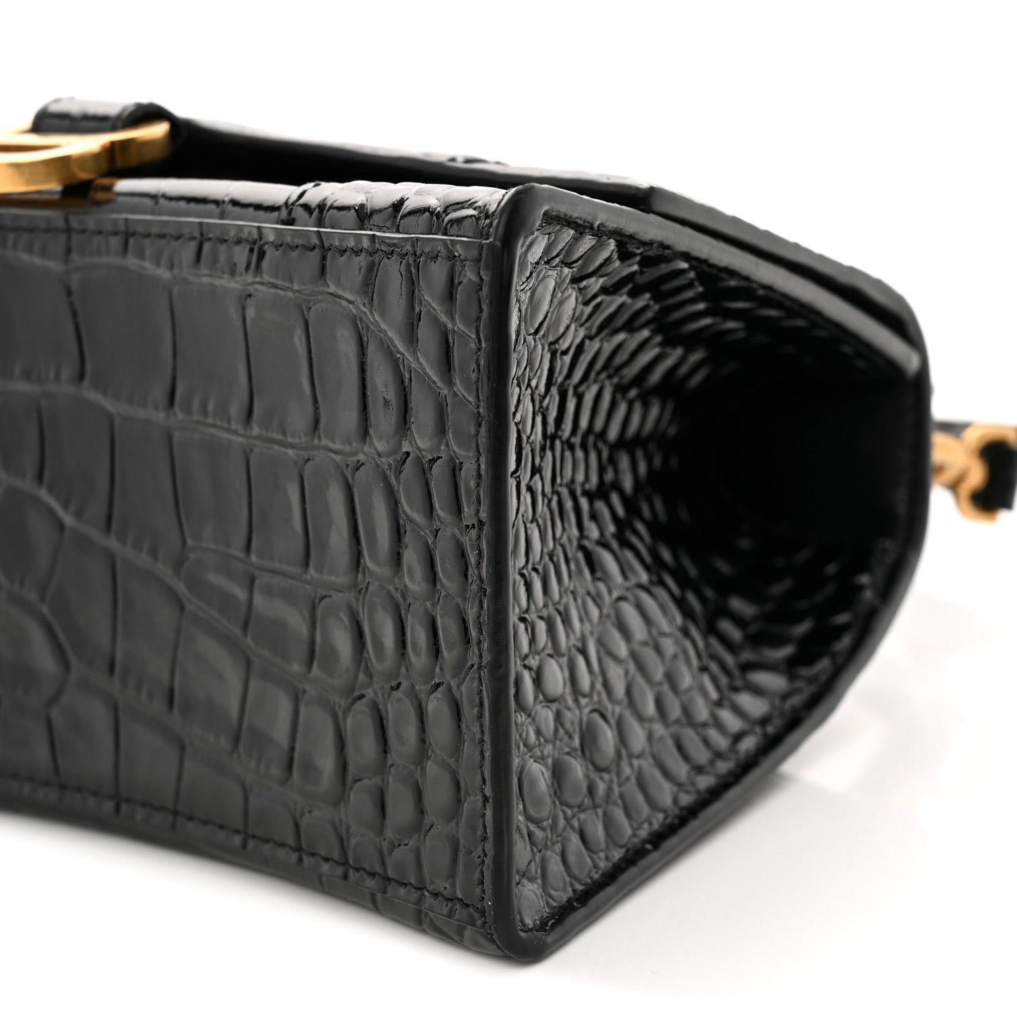 Shiny Calfskin Crocodile Embossed Small Hourglass Top Handle Bag  Black