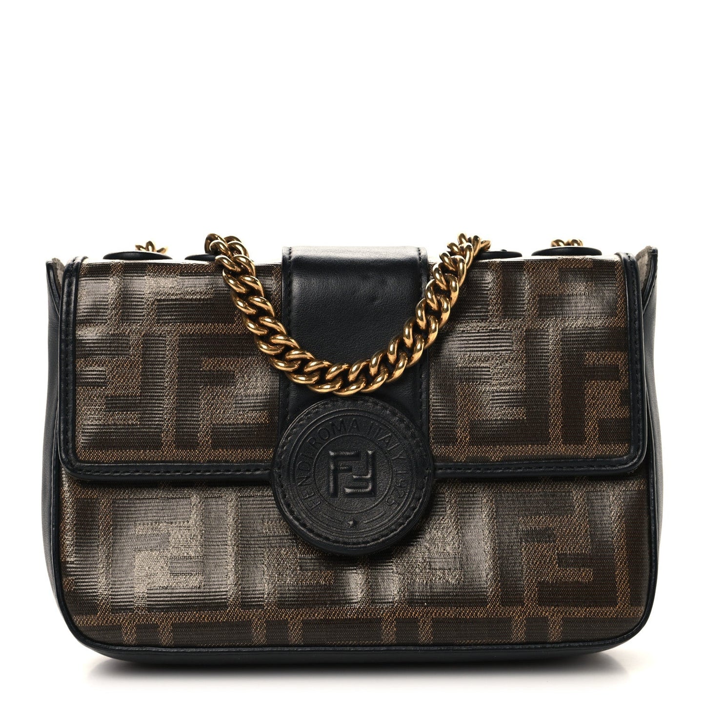 Glazed Fabric Vitello Century FF 1974 Stamp Patch Mini Double F Crossbody Bag Mogano Panna Black