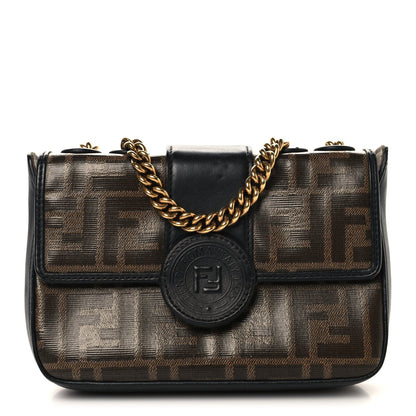Glazed Fabric Vitello Century FF 1974 Stamp Patch Mini Double F Crossbody Bag Mogano Panna Black