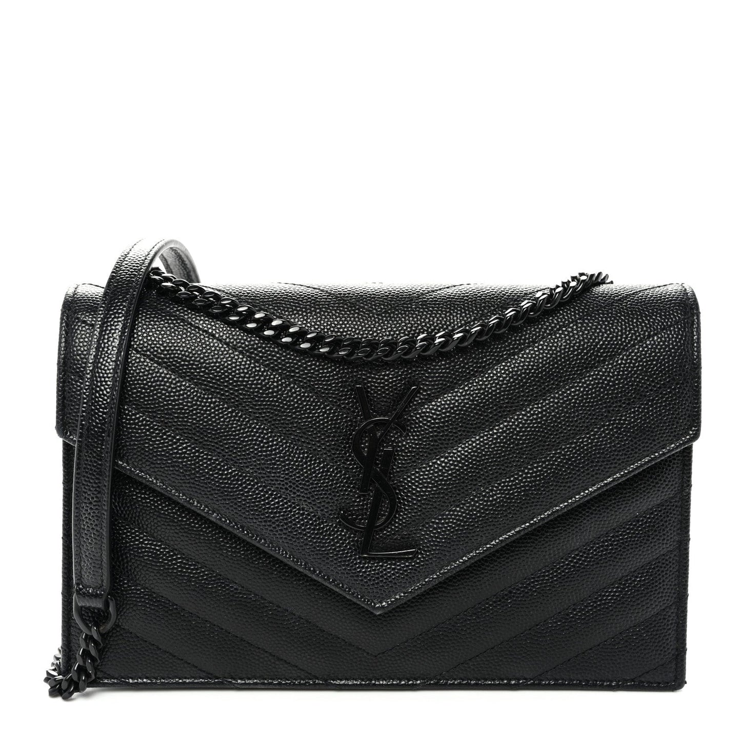 Grain De Poudre Matelasse Chevron Monogram Monochrome Envelope Chain Wallet Black