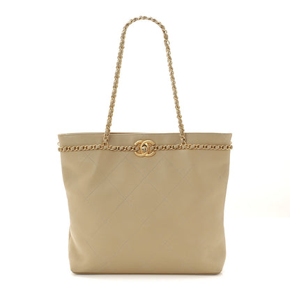 Calfskin Stitched Small Shopping Tote Dark Beige