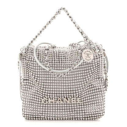 Crystal Embellished Metallic Lambskin Mini Chanel 22 Silver