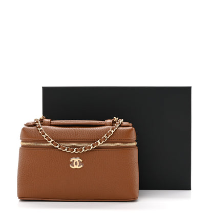 Grained Calfskin Top Handle Slim Vanity Case With Chain Camel