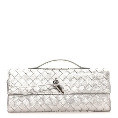 Metallic Lambskin Intrecciato Long Andiamo Top Handle Clutch Silver