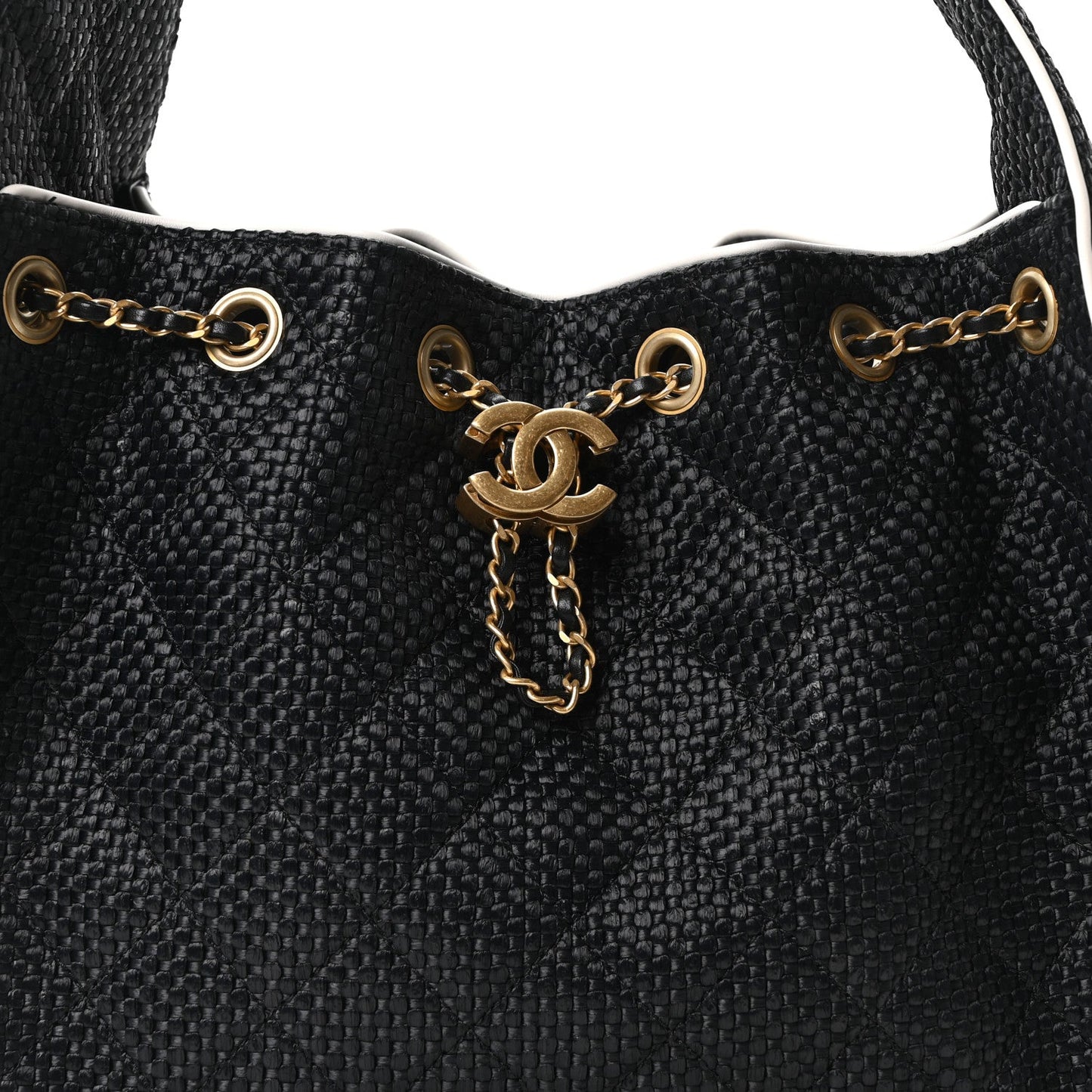 Braided Raffia Calfskin Quilted Small Chanel 25 Handbag Black White