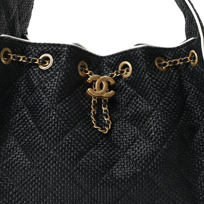 Braided Raffia Calfskin Quilted Small Chanel 25 Handbag Black White