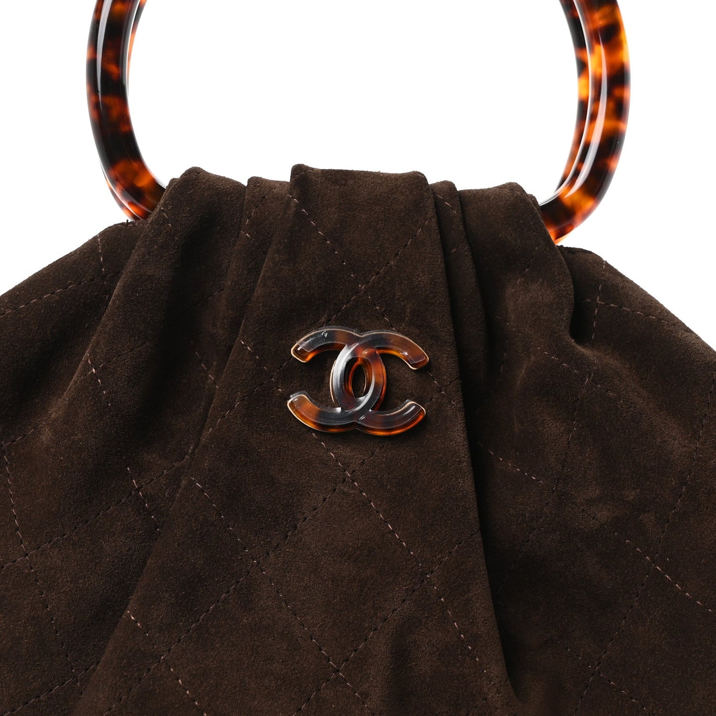 Suede Calfskin Plexiglass Tortoise Shell Quilted Pouch Dark Brown