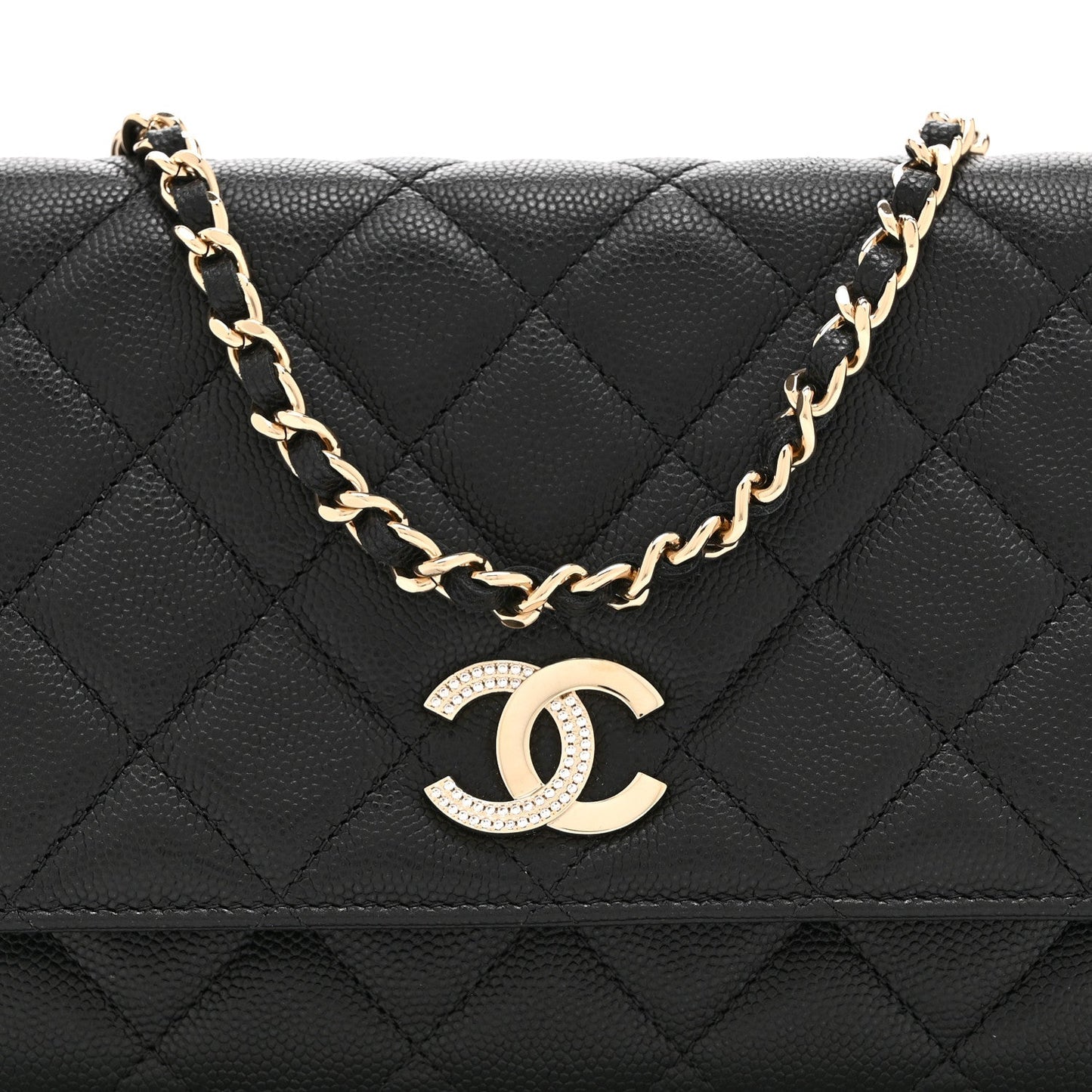 Caviar Quilted Crystal CC Wallet On Chain WOC Black
