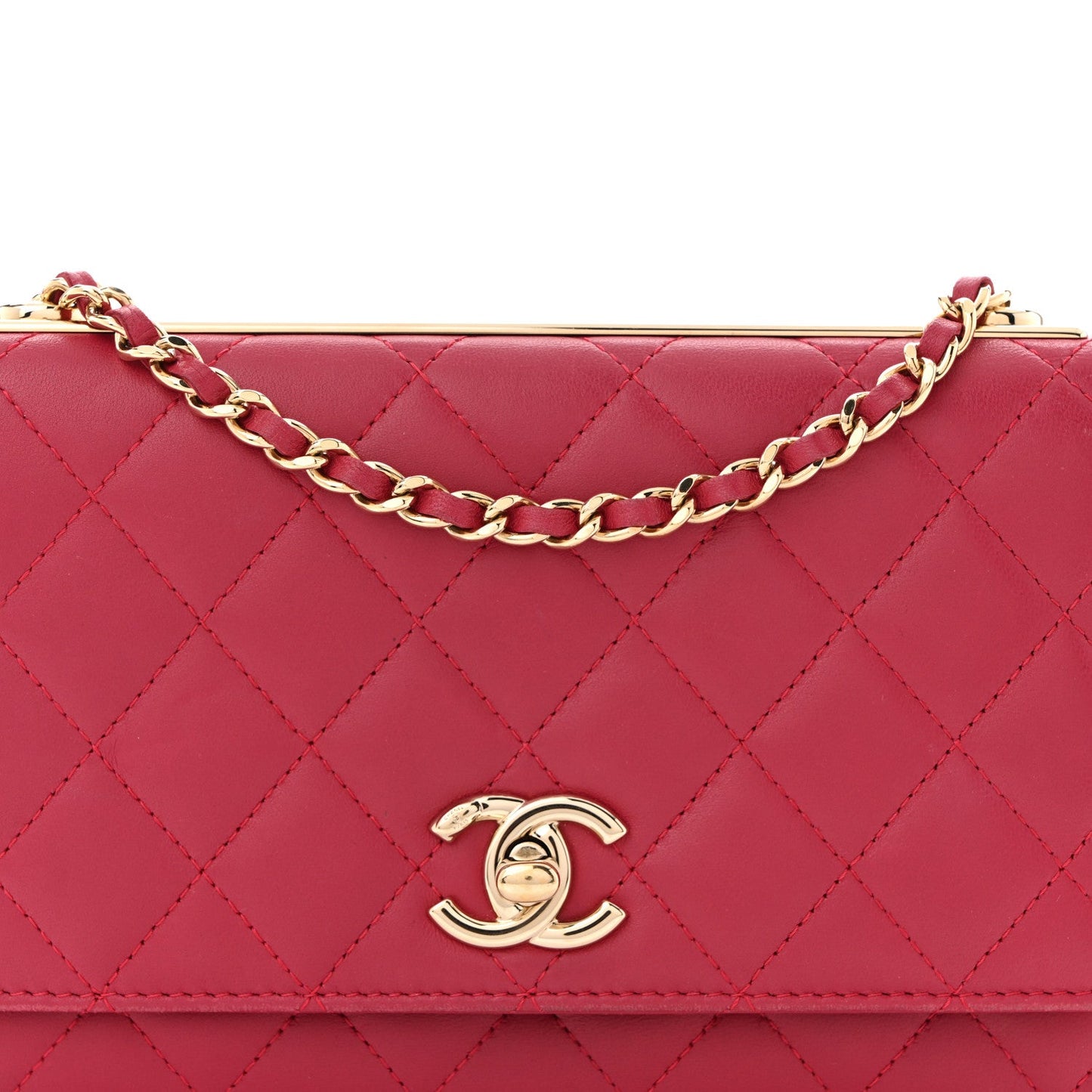 Lambskin Quilted Trendy CC Wallet On Chain WOC Dark Pink