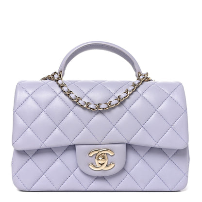 Lambskin Quilted Mini Top Handle Rectangular Flap Light Purple