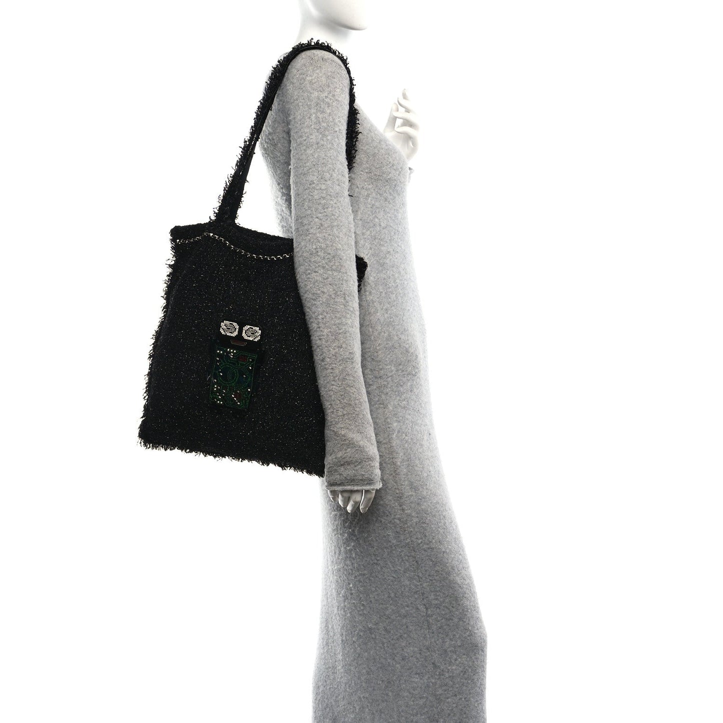 Tweed Resin Strass Large Robot Shopping Bag Black