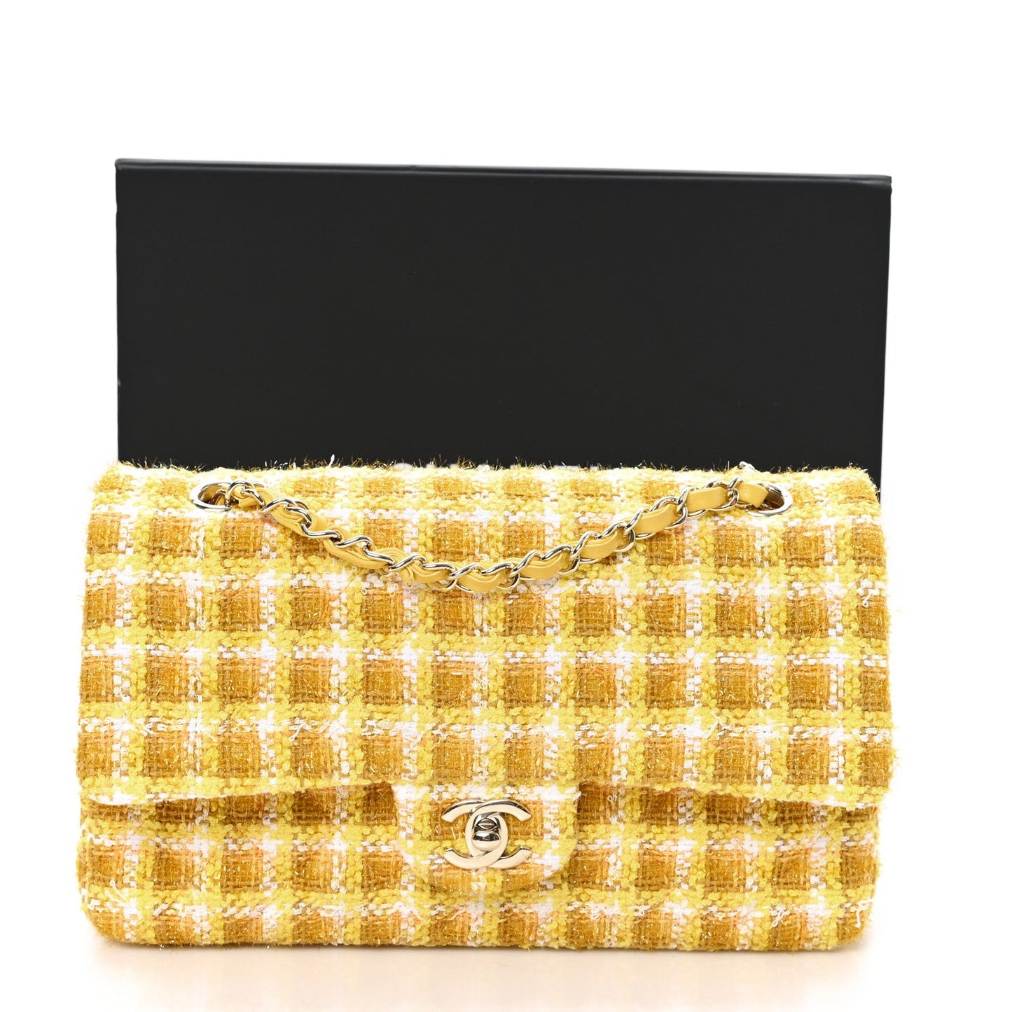 Tweed Quilted Medium Double Flap Yellow White Ochre