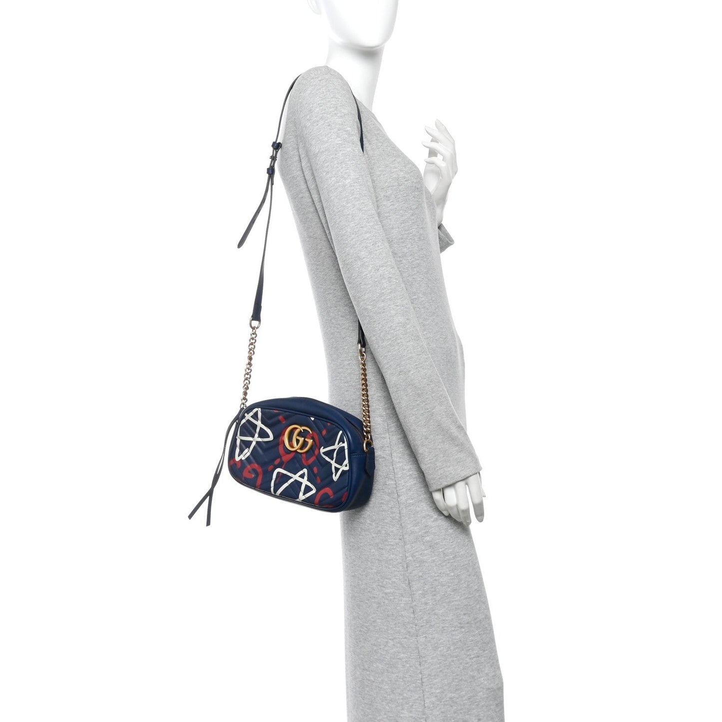 Calfskin Matelasse GucciGhost Small GG Marmont Chain Shoulder Bag Blue Agata Hibiscus Red
