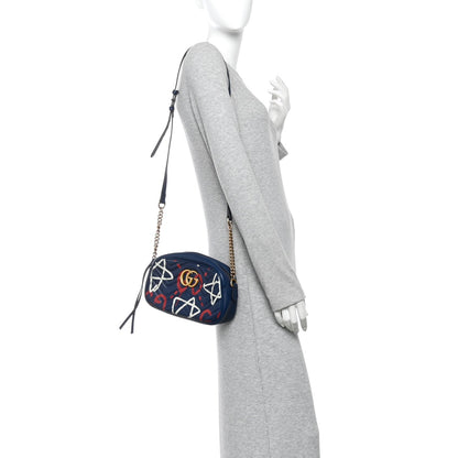 Calfskin Matelasse GucciGhost Small GG Marmont Chain Shoulder Bag Blue Agata Hibiscus Red