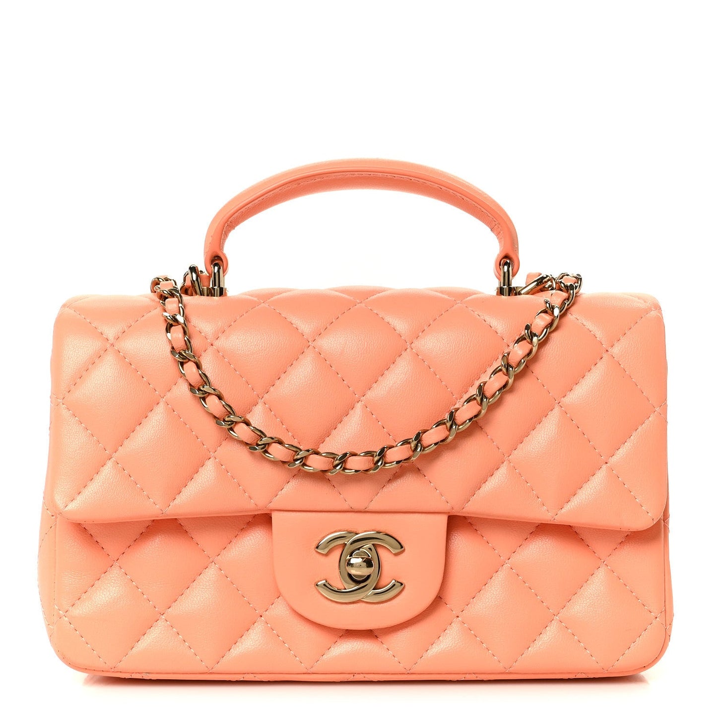 Lambskin Quilted Mini Top Handle Rectangular Flap Light Orange