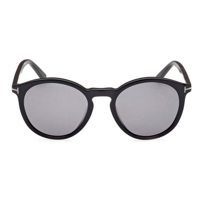 Tom Ford Sunglasses Round Full Rim, Shiny Black Frame and Smoke Polarized Lens FT1021-N01D