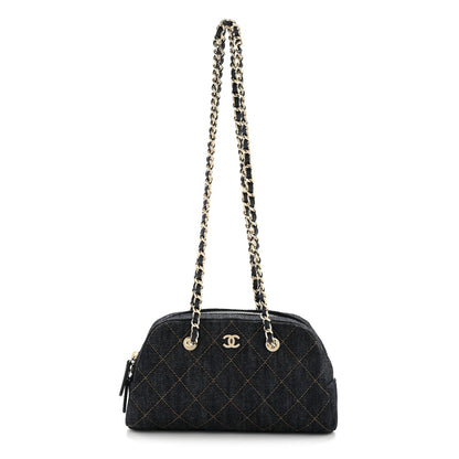 Denim Quilted Clutch With Chain Dark Blue Orange