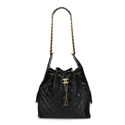 Shiny Crumpled Calfskin Quilted Medium Chanel 25 Handbag Black