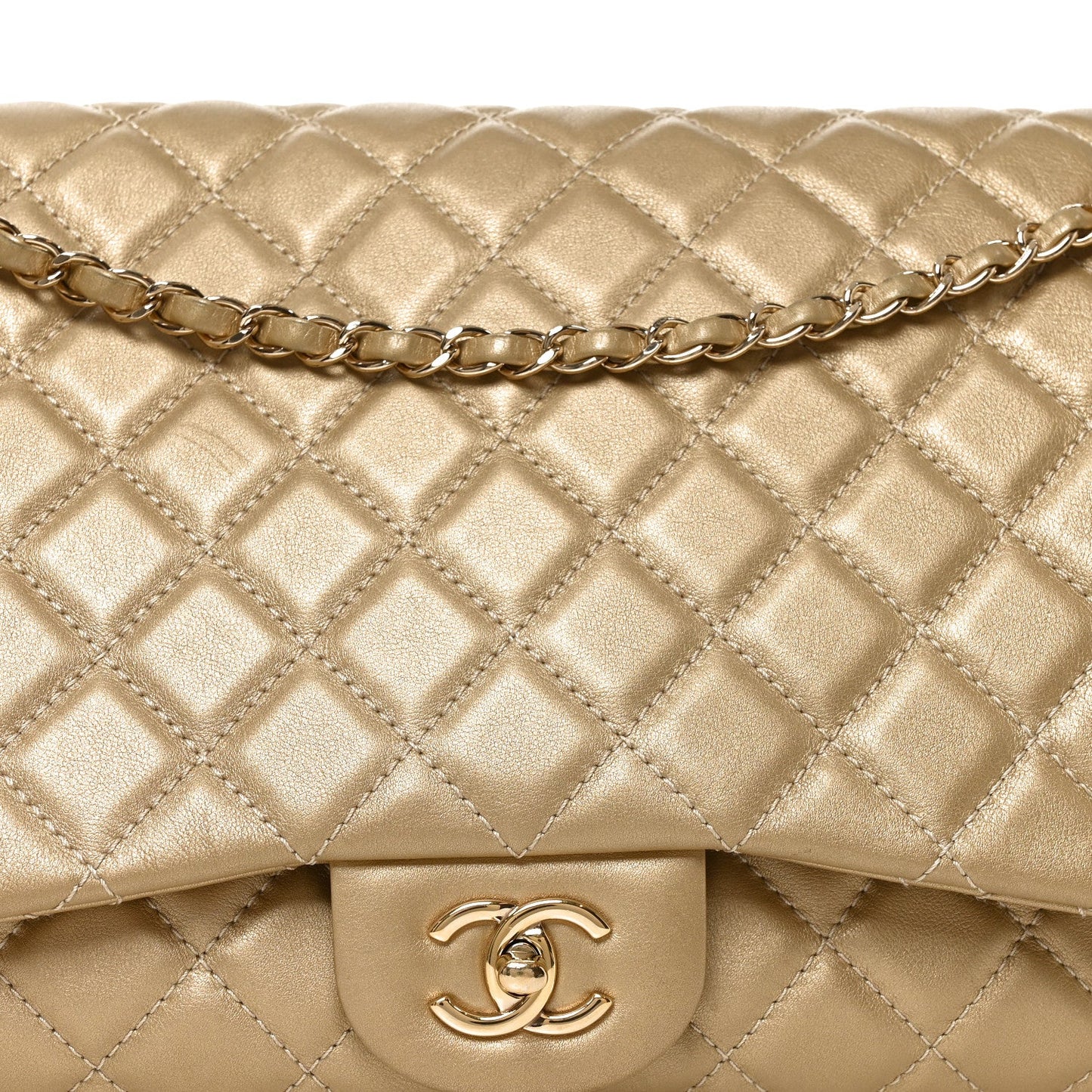 Metallic Calfskin Quilted Small XXL Travel Flap Bag Gold