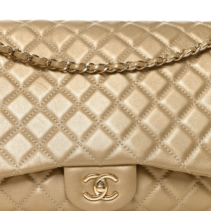 Metallic Calfskin Quilted Small XXL Travel Flap Bag Gold