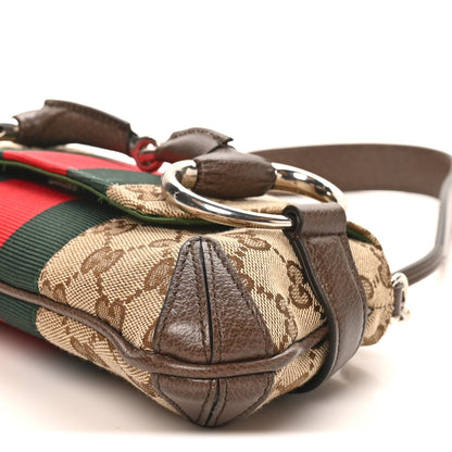 Monogram Textured Dollar Calfskin Heavy Grosgrain Web Small Maxi Horsebit Chain Shoulder Bag Beige Ebony New Acero