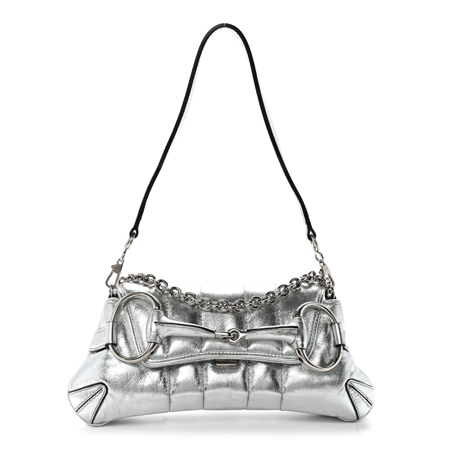 Metallic Nappa Vertical Matelasse Small Maxi Horsebit Chain Shoulder Bag Silver