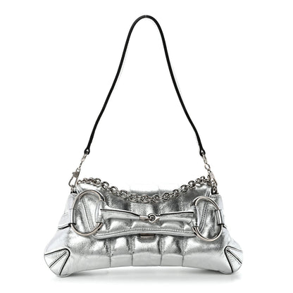 Metallic Nappa Vertical Matelasse Small Maxi Horsebit Chain Shoulder Bag Silver