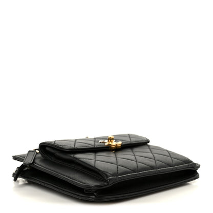 Lambskin Quilted Square Front Pocket Clutch With Chain Black
