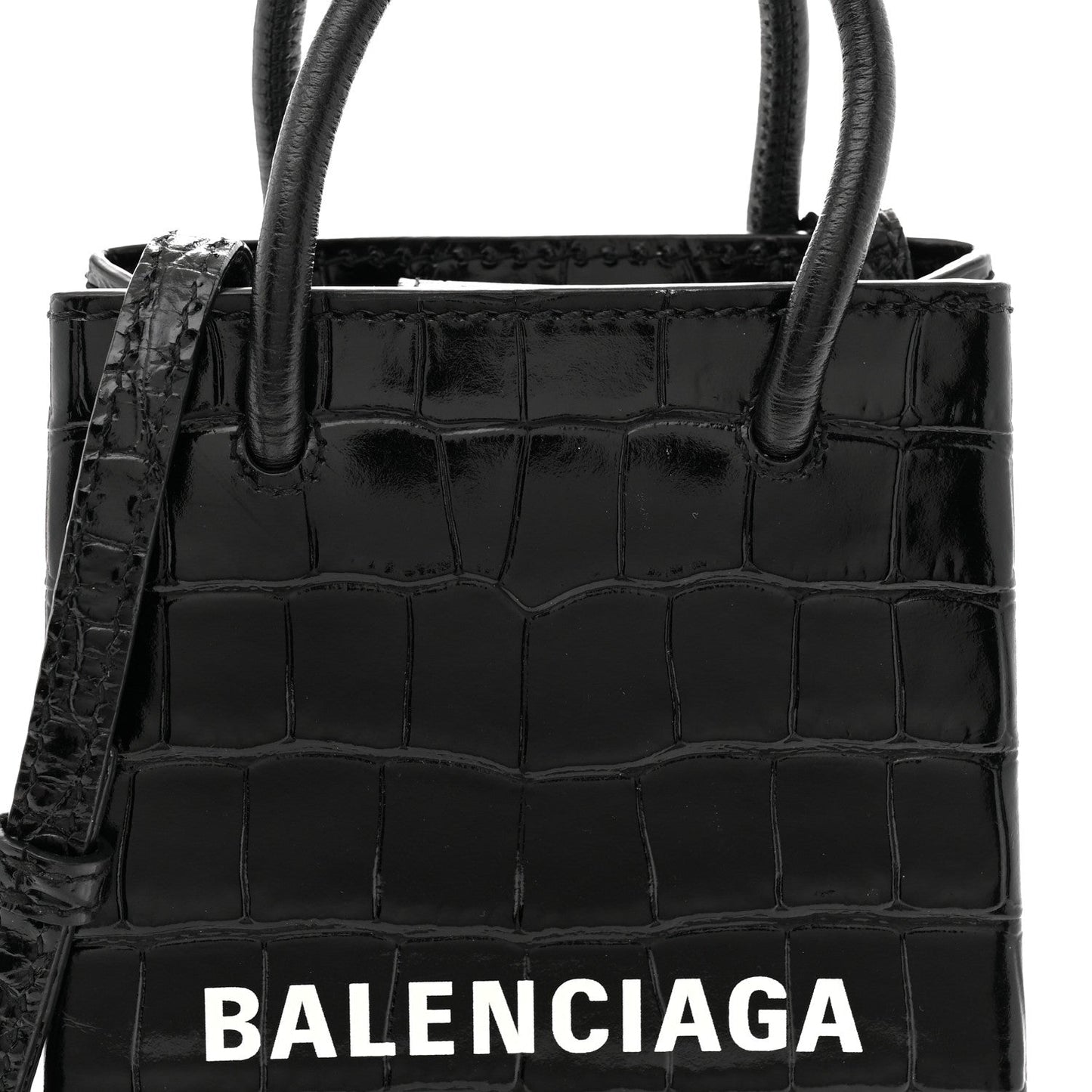 Calfskin Crocodile Embossed Logo Shopping Phone Holder Bag Black