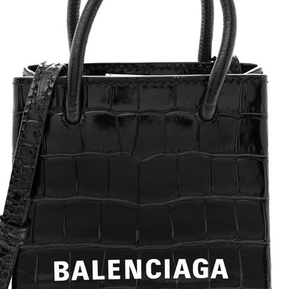 Calfskin Crocodile Embossed Logo Shopping Phone Holder Bag Black