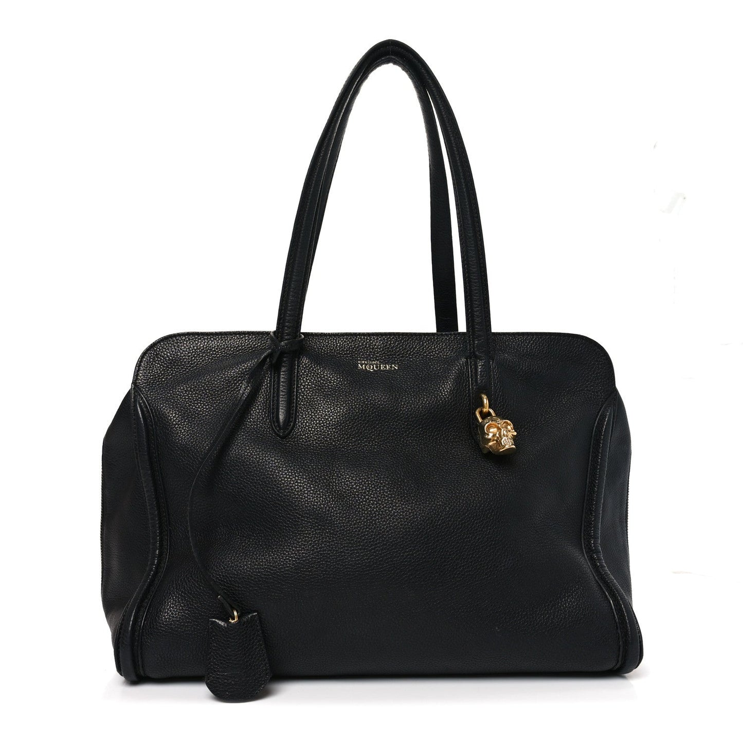 Pebbled Calfskin Large Skull Padlock Zip Around Tote Black