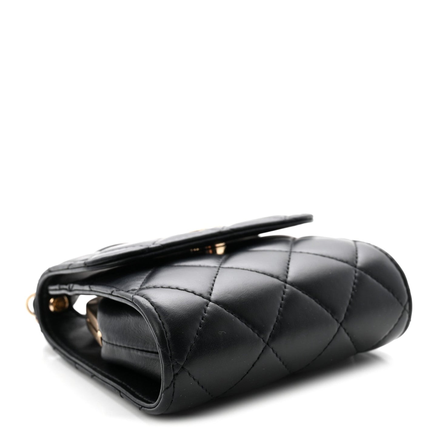 Lambskin Quilted Kiss Lock Top Handle Flap Clutch With Chain Black
