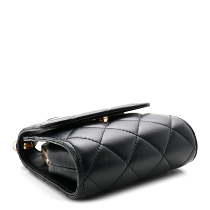 Lambskin Quilted Kiss Lock Top Handle Flap Clutch With Chain Black