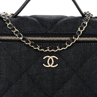 Denim Quilted Top Handle Slim Vanity Case With Chain Dark Blue