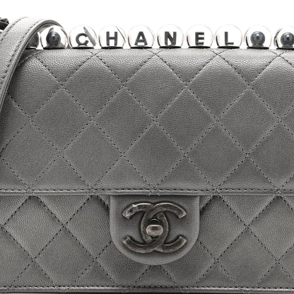 Metallic Goatskin Quilted Small Chic Pearls Flap Silver