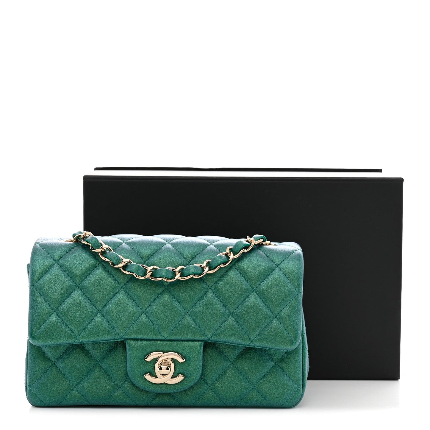 Iridescent Lambskin Quilted Mini Rectangular Flap Green