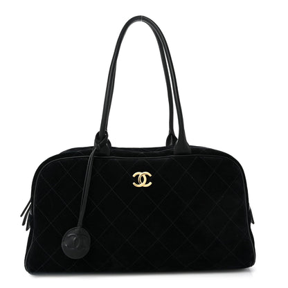 Suede Calfskin Large Perfect Bowling Bag Black