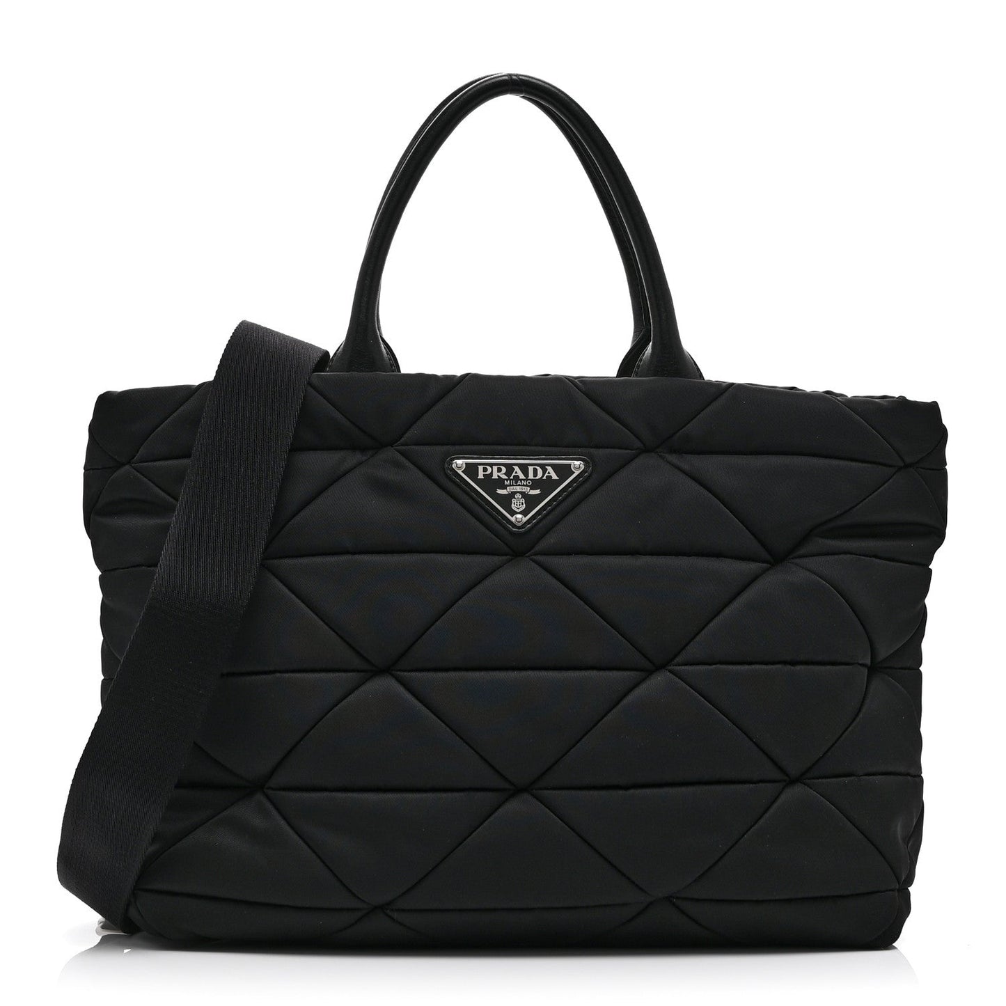 Re-Nylon Nappa Triangle Quilted Padded Medium Double Handled Zip Tote Black