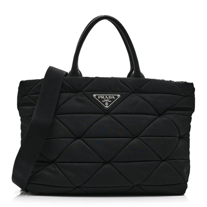 Re-Nylon Nappa Triangle Quilted Padded Medium Double Handled Zip Tote Black