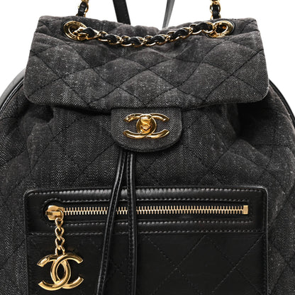 Denim Calfskin Quilted Backpack Dark Grey Black