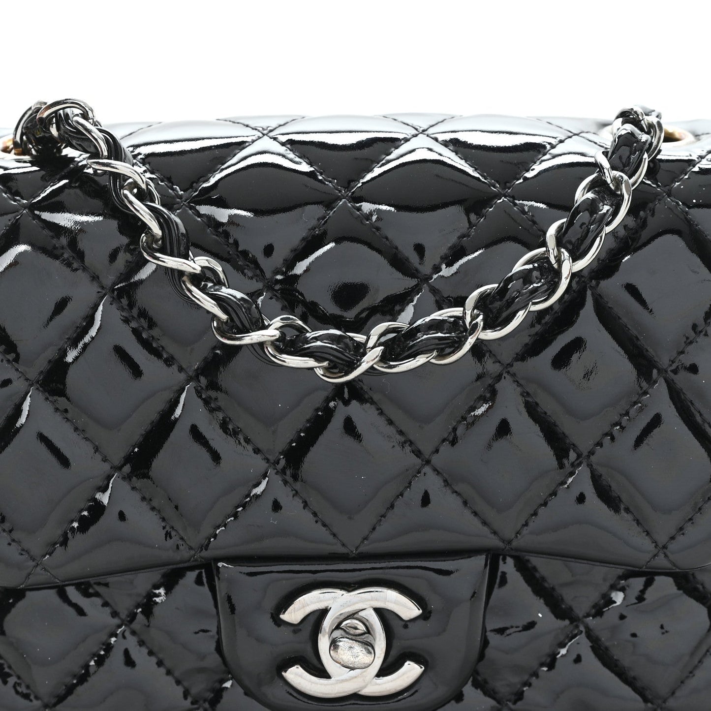 Patent Calfskin Quilted Mini Square Flap Black
