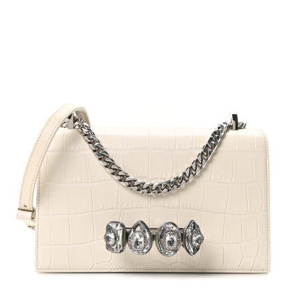 Shiny Calfskin Crocodile Embossed Knuckle Jeweled Crossbody White