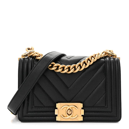 Caviar Chevron Quilted Small Boy Flap Black