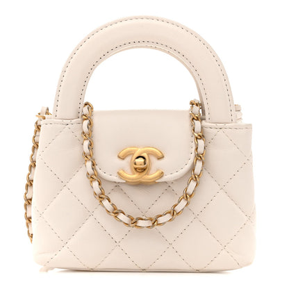 Shiny Aged Calfskin Quilted Mini Nano Kelly Shopper White